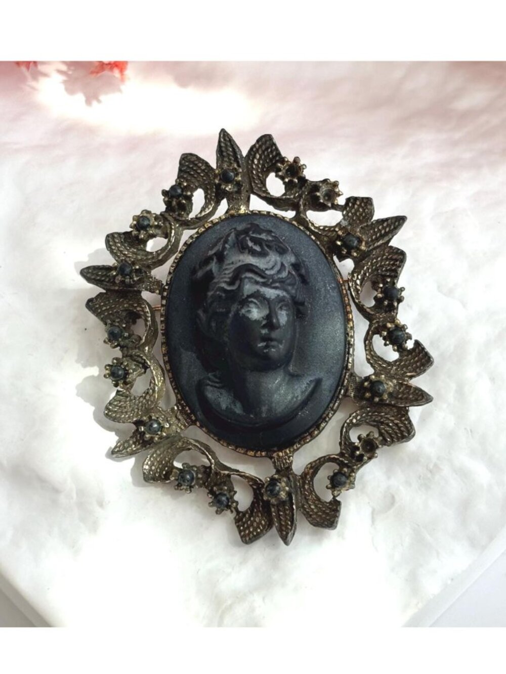 Black Cameo Dark Silver Toned Oxidized Style Beaded Victorian Vintage Brooch